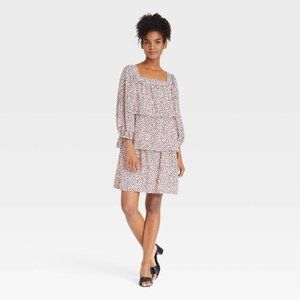 Who What Wear Womens Ruffle Mini Dress Small Bishop Sleeve Tiered Pink Black New